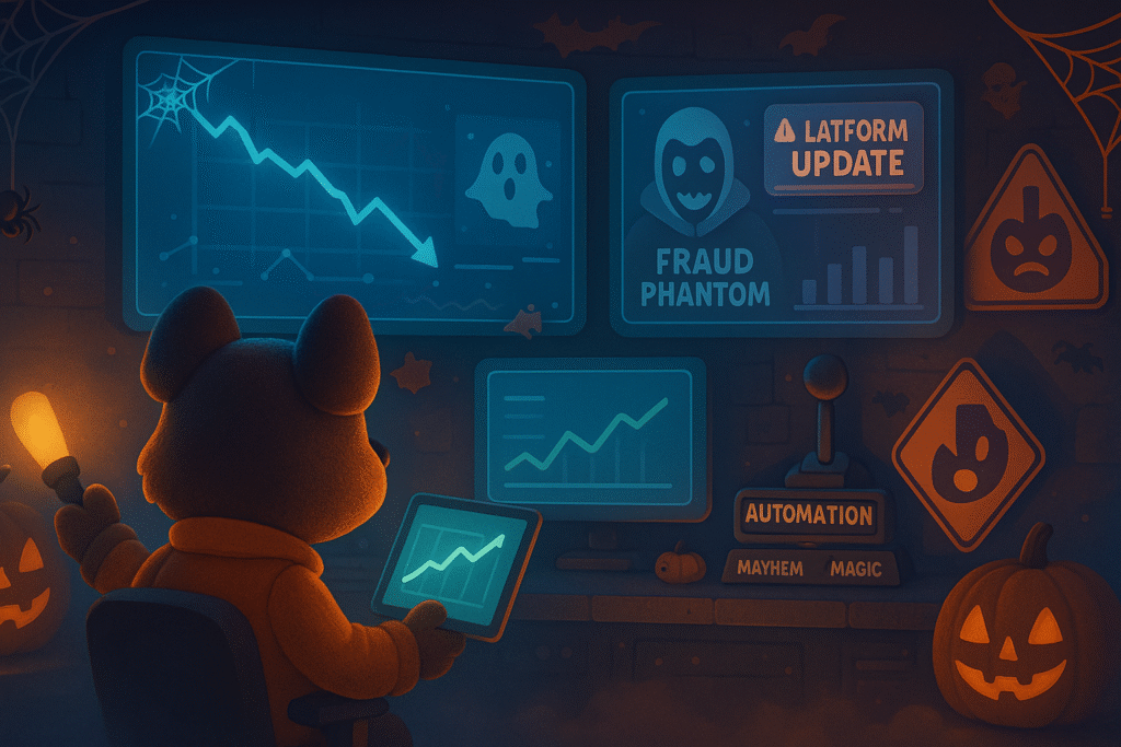 Stylized 3D dog in haunted analytics control room with holographic screens, symbolizing mobile UA threats in 2026.