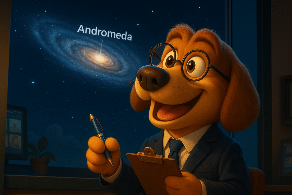 3D stylized dog in futuristic control room with holographic galaxy screens representing the Meta Andromeda update for UA and creative development.