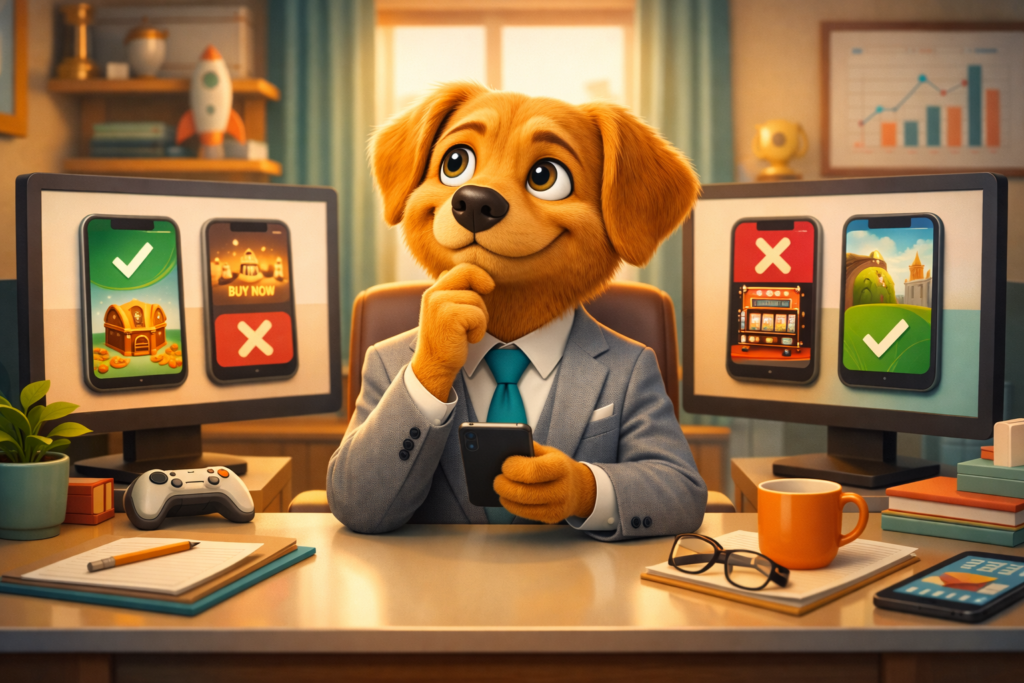 Work Dog character reviewing mobile ad creatives with compliance checklists in a regulated iGaming marketing environment