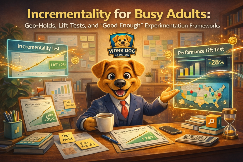 Work Dog character analyzing incrementality tests with geo maps and performance lift charts in a modern office