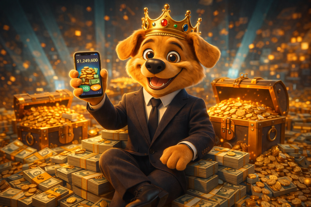 Work Dog character holding a mobile app showing revenue growth representing payback and high value users in mobile gaming and iGaming marketing