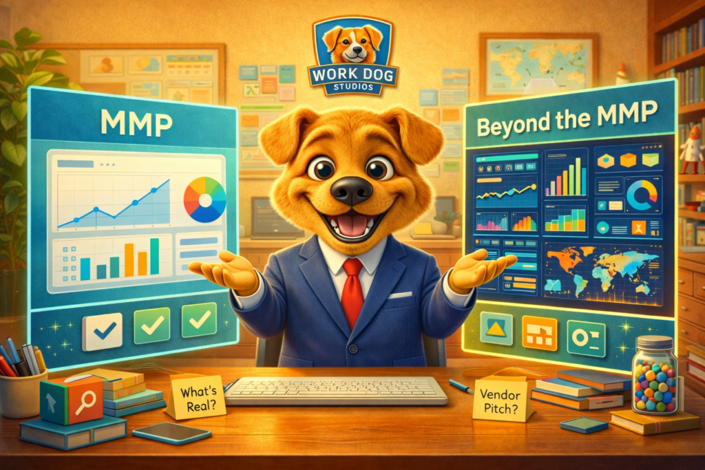 Work Dog character reviewing mobile marketing dashboards comparing MMP data and additional analytics tools
