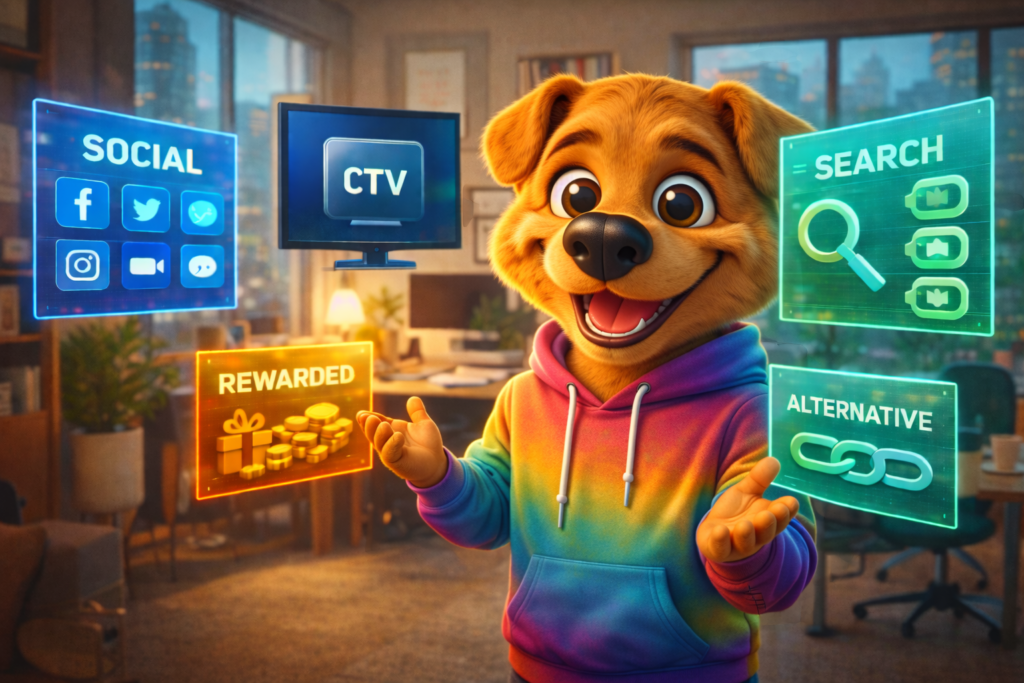 Work Dog character presenting a modern mobile app media buying stack including social, search, CTV, and rewarded marketing channels