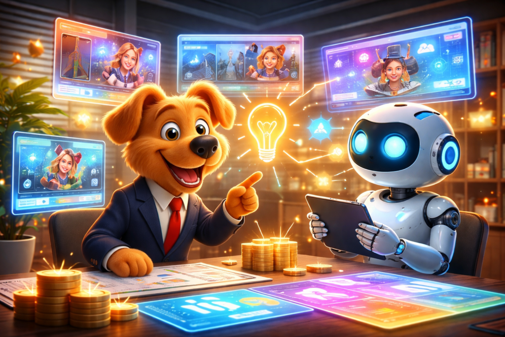 Work Dog character collaborating with an AI robot in a creative studio using AI tools to generate mobile marketing ideas and ad concepts.