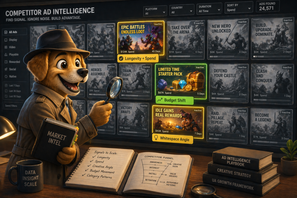 Work Dog character analyzing competitor ads on multiple screens to find pockets of cheap scale in mobile gaming UA