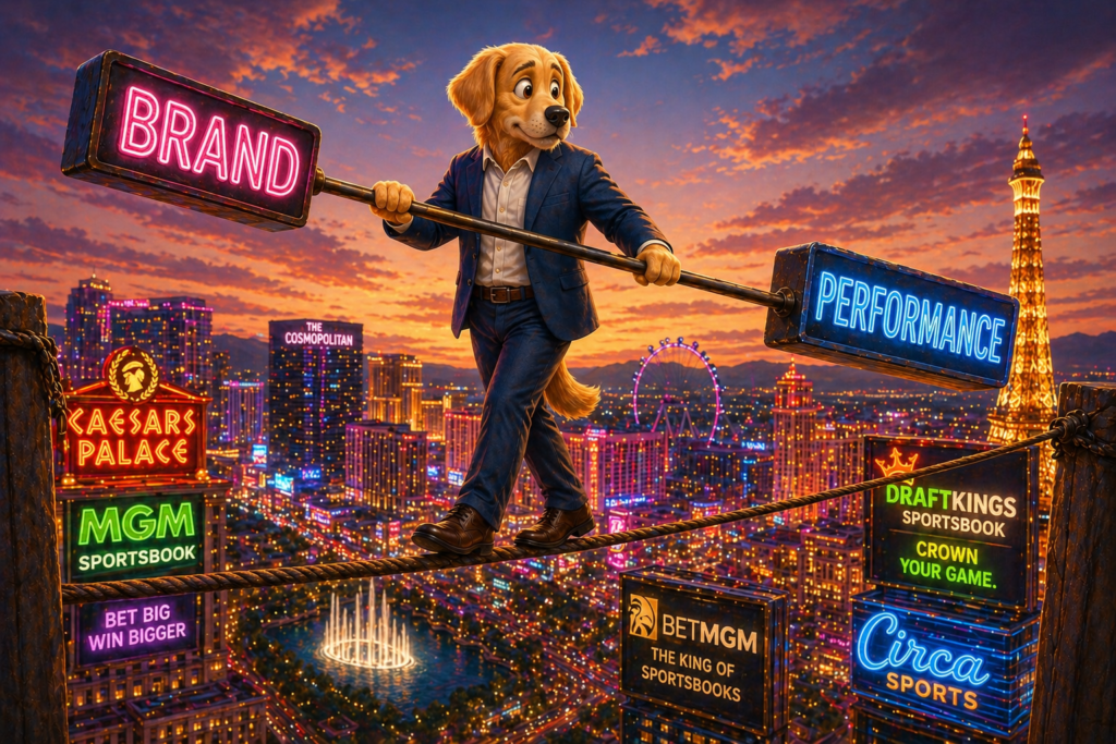 Work Dog character managing rising CPA costs in a regulated iGaming market, balancing brand and performance advertising strategy