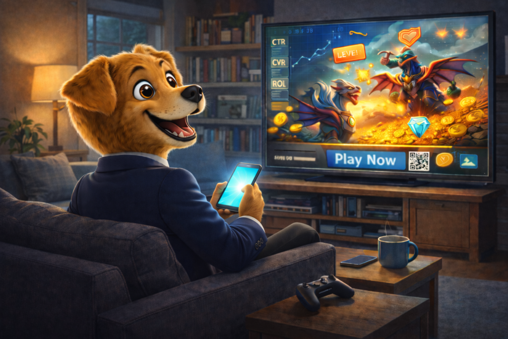 Work Dog watching a full screen CTV ad and analyzing creative performance in a high attention environment