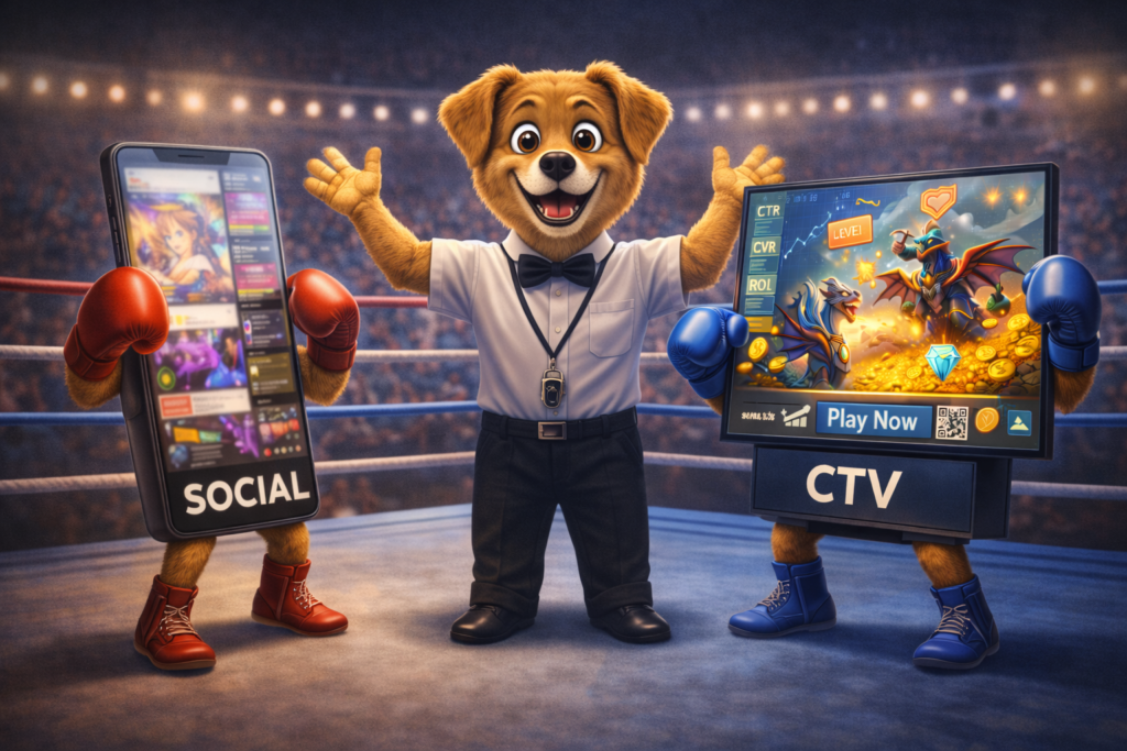 Work Dog referee overseeing a boxing match between a mobile phone representing social ads and a TV representing CTV advertising