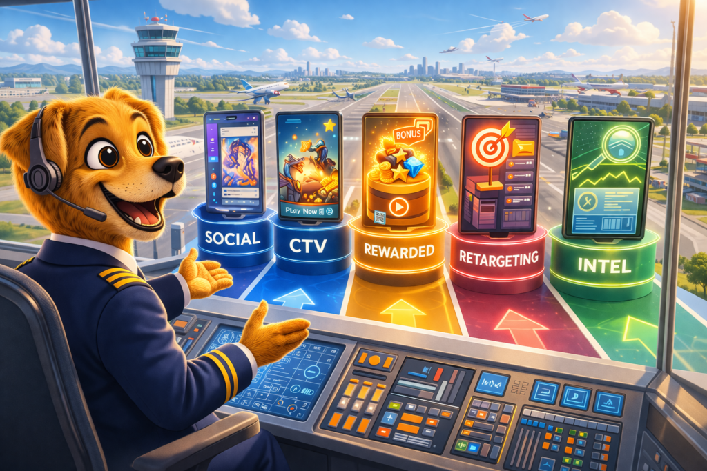 Work Dog character managing a multi-channel mobile gaming UA stack including social, CTV, rewarded UA, and retargeting.