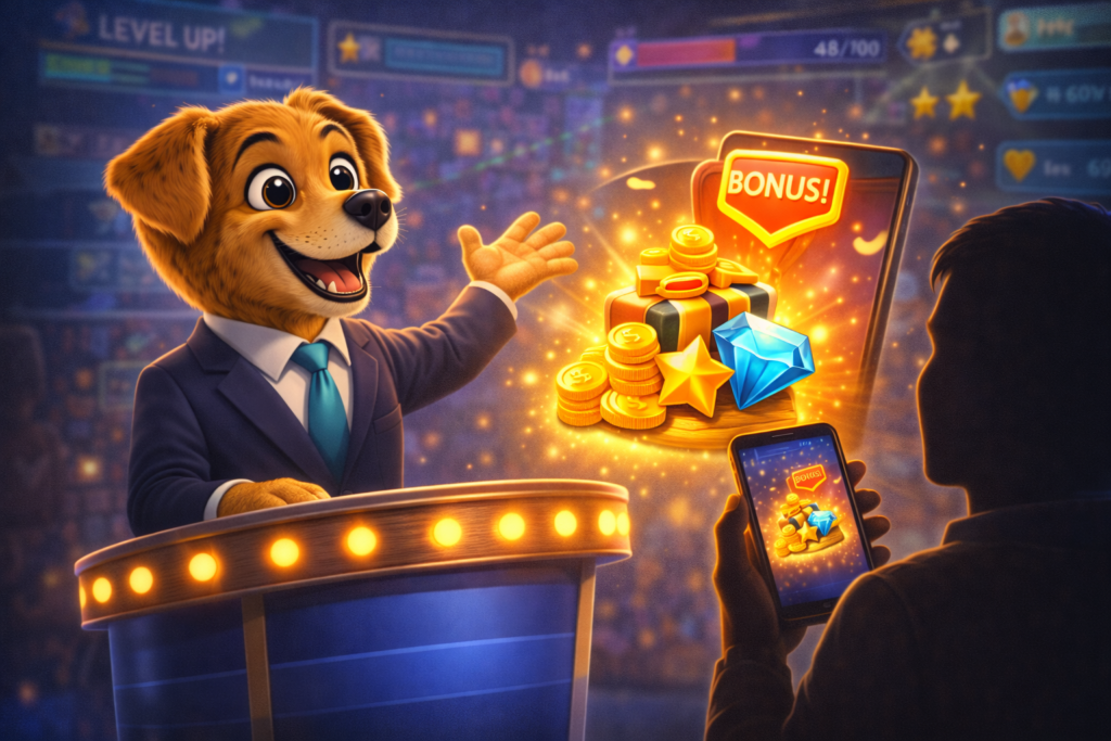 Work Dog character presenting a reward offer to a mobile gamer, representing rewarded user acquisition in mobile gaming