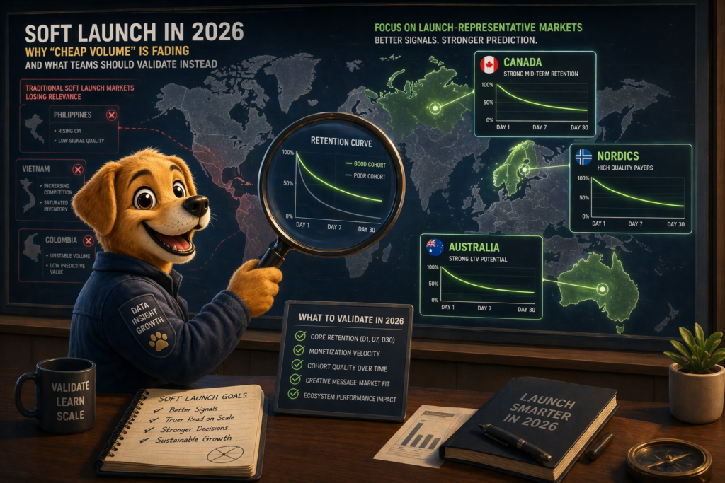Work Dog character evaluating soft launch markets, cohort charts, and LTV curves instead of chasing cheap install volume
