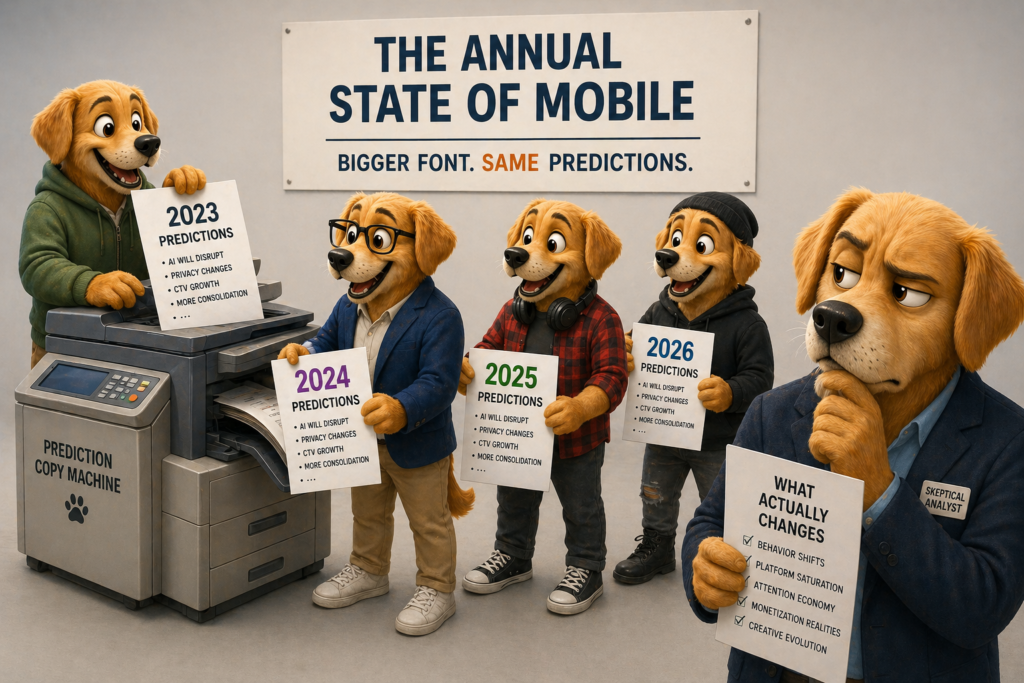 Multiple Work Dog characters at a copy machine recycling the same mobile gaming predictions with new year labels, illustrating how industry trend reports repeat themselves annually
