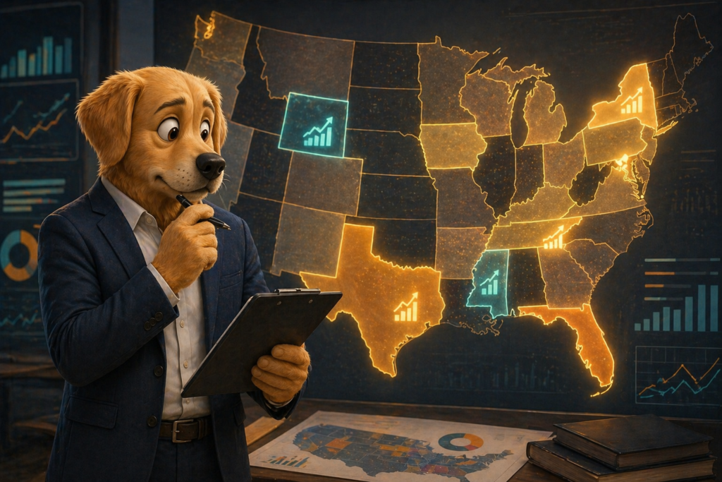 Work Dog character navigating a shrinking US map of sweepstakes casino legal states, representing the 2026 crackdown on dual-currency sweepstakes operators