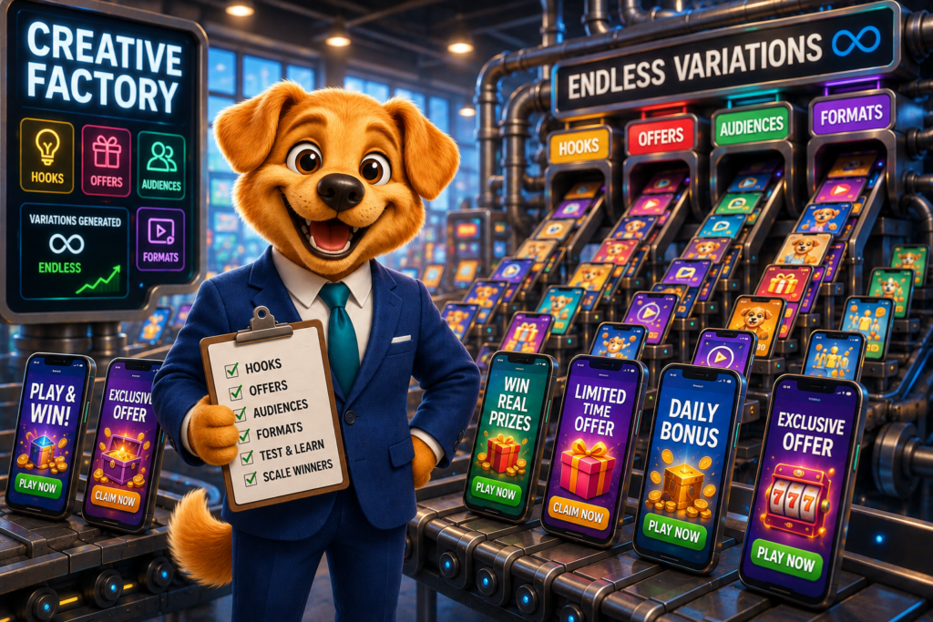 Work Dog character surrounded by a flood of mobile ad creative variations, representing the challenge of creative inflation and attention scarcity in 2026 mobile advertising