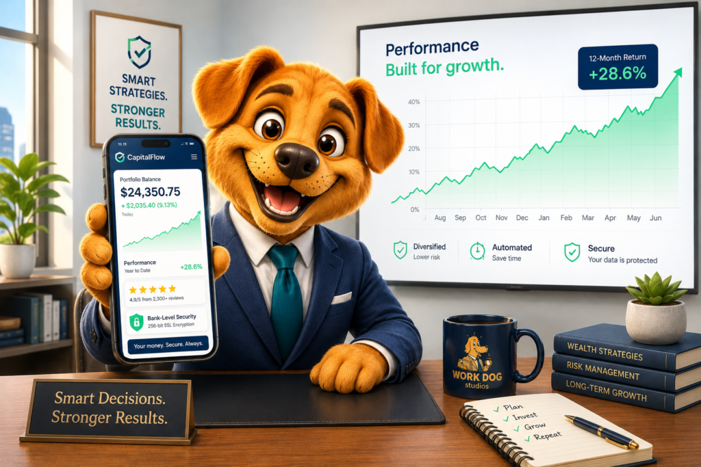 Work Dog character holding a shield and a mobile phone displaying a fintech app, representing the connection between creative trust signals and fintech app user acquisition