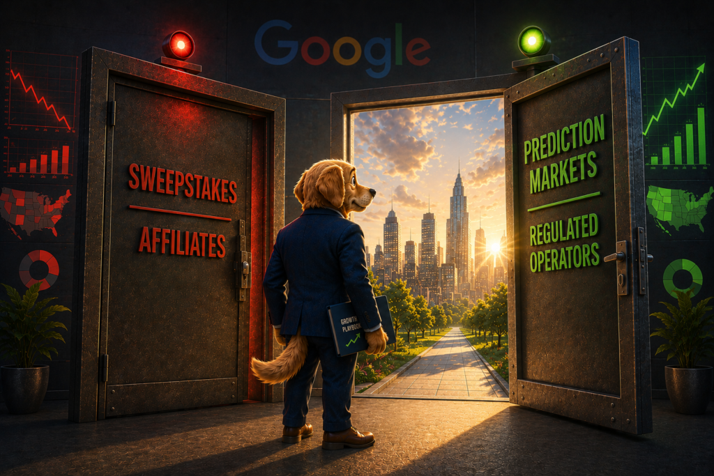 Work Dog character navigating Google's 2026 gambling advertising policy changes, with some doors closing and new ones opening for iGaming operators
