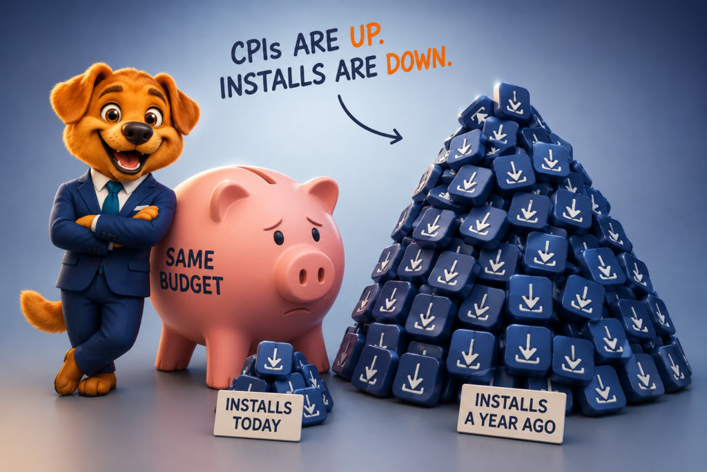 Work Dog character standing next to a piggy bank dispensing a small pile of app installs, compared to a much larger pile representing what the same budget produced a year ago, illustrating rising mobile UA costs in 2026