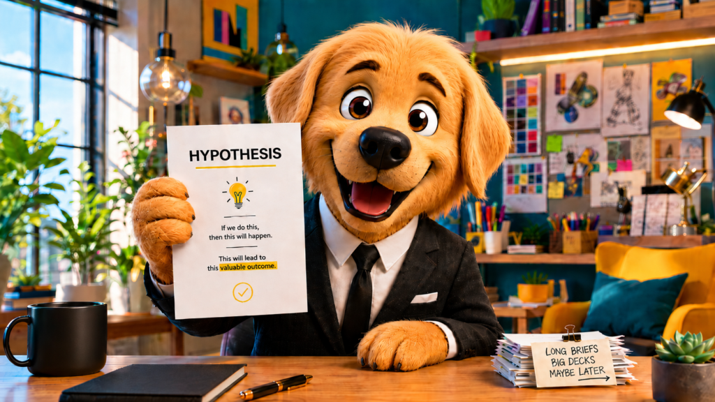Work Dog character holding a single-page creative brief marked with a clear hypothesis, representing the brief as the core of creative strategy in mobile UA