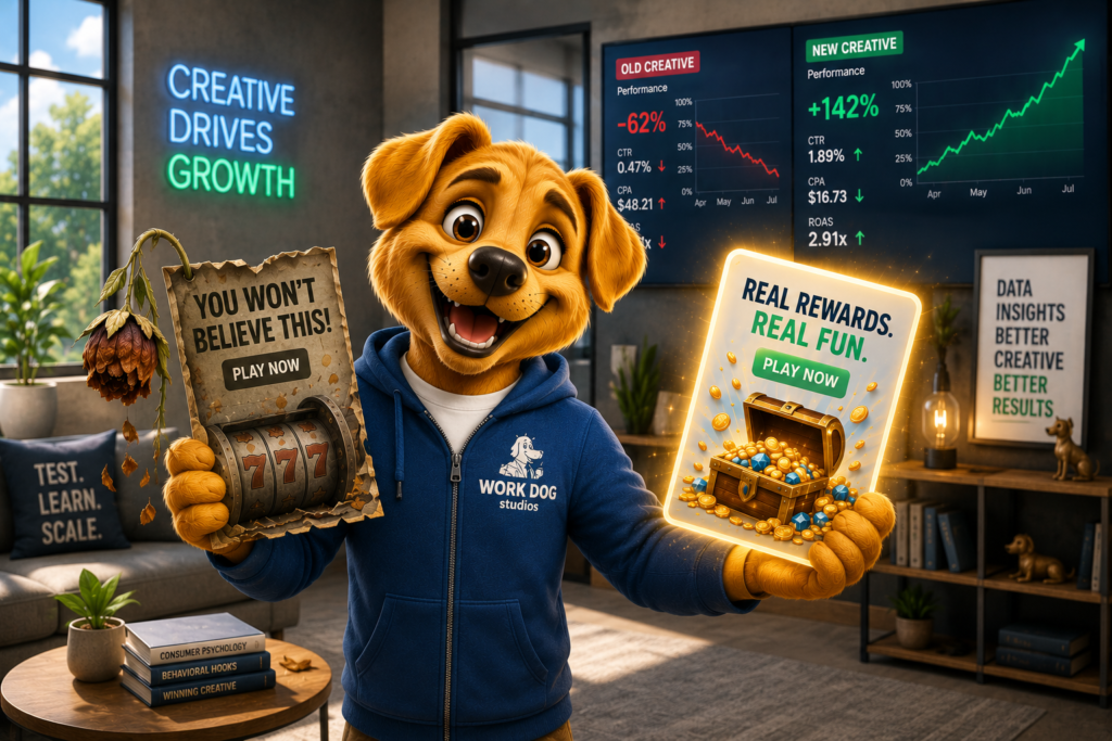 Work Dog character holding a wilting ad creative in one hand and a glowing fresh creative concept in the other, representing the impact of creative fatigue in mobile advertising in 2026
