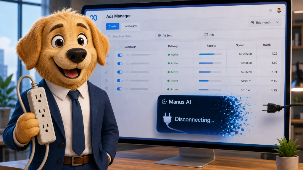 Work Dog character looking at a Meta Ads Manager screen with the Manus AI tool being removed, representing Meta's split from Manus and its impact on media buyers.