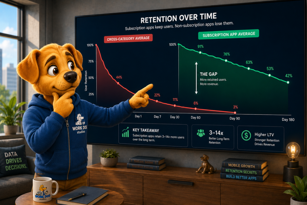 Work Dog character reviewing a retention curve chart showing the steep drop-off between Day 1 and Day 30 app retention, representing the mobile app retention gap in 2026