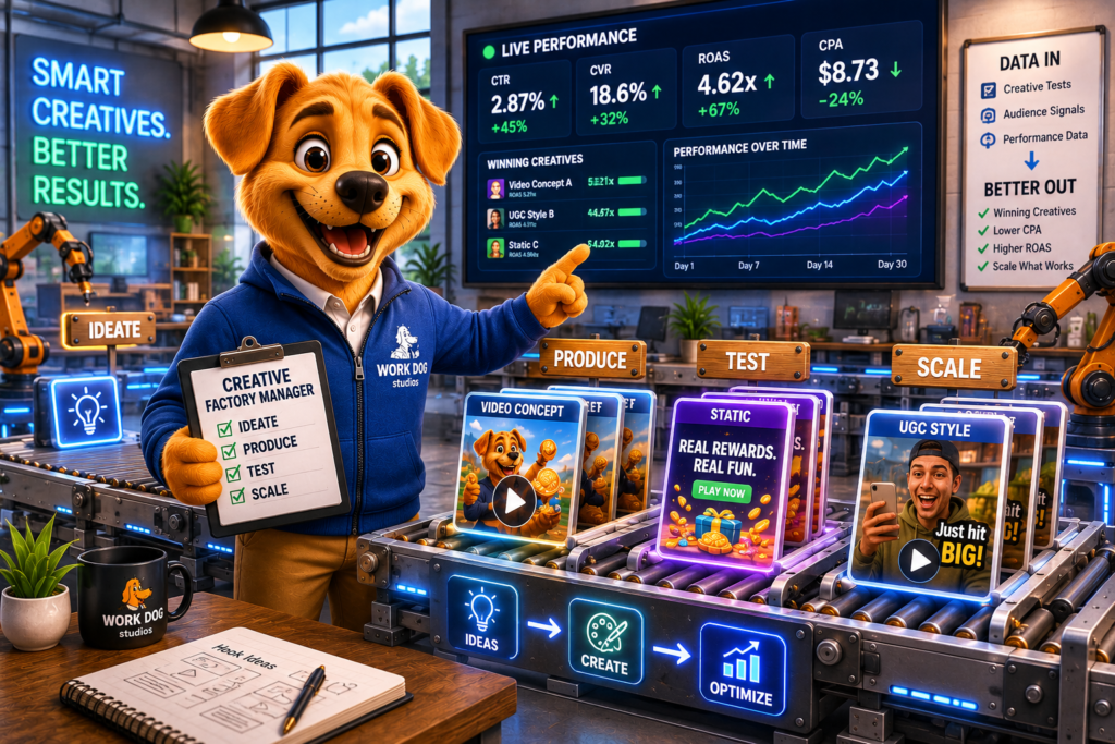 Work Dog character managing a large-scale creative production system with multiple ad variants being produced and tested simultaneously, representing integrated creative and UA operations in 2026