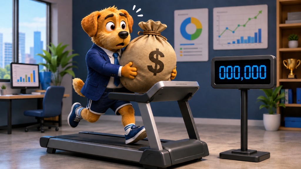 Work Dog character on a treadmill holding a growing budget bag while install numbers stay flat, representing UA teams increasing spend without growing in 2026