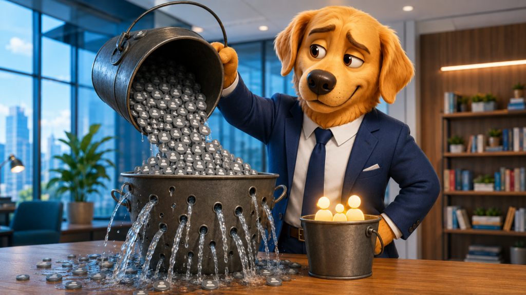 Work Dog character filling a leaking bucket with cheap installs while quality users stay in a solid bucket, showing why cheap installs churn fast