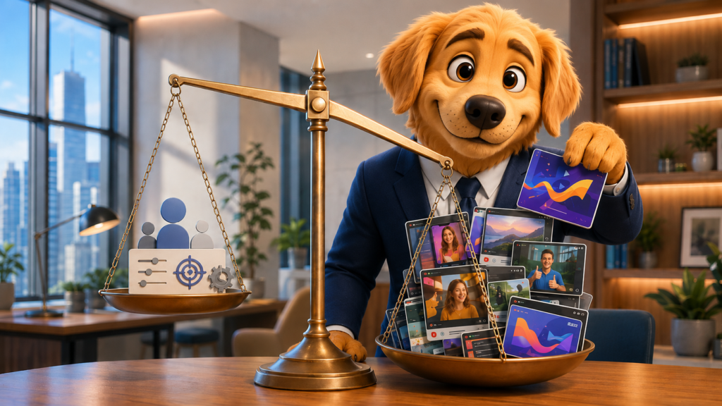 Work Dog character weighing creative vs targeting on a scale with creative tipping it, showing why creative beats targeting in mobile UA in 2026