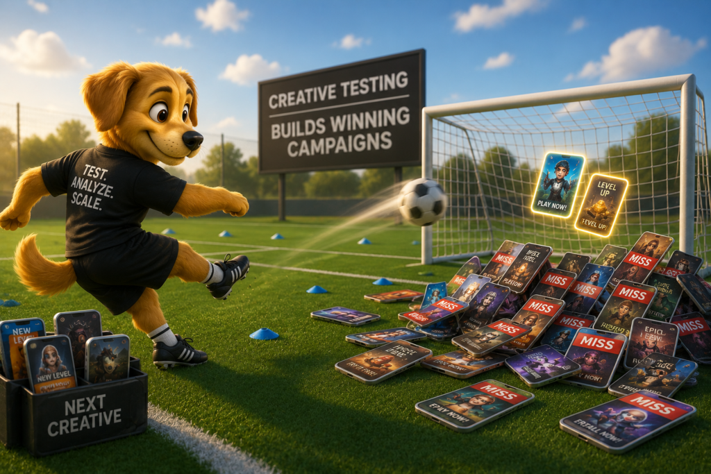 Work Dog character taking many shots on goal with only a few going in, representing the roughly 5% creative win rate and the importance of testing volume in 2026
