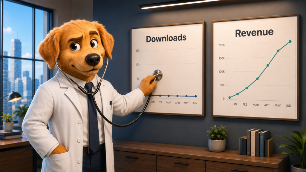 Work Dog character checking a flatlining downloads chart against a soaring revenue chart, showing why downloads are the health metric that stopped working in 2026
