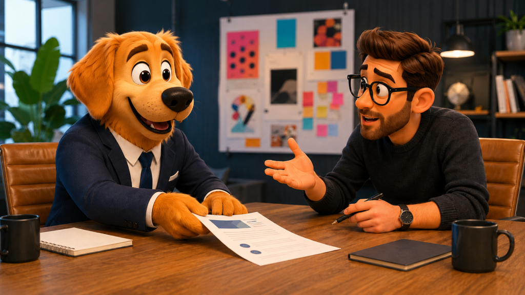 Work Dog character handing a clear brief across a table to an agency partner who is asking sharp questions, representing how to brief an agency effectively in 2026