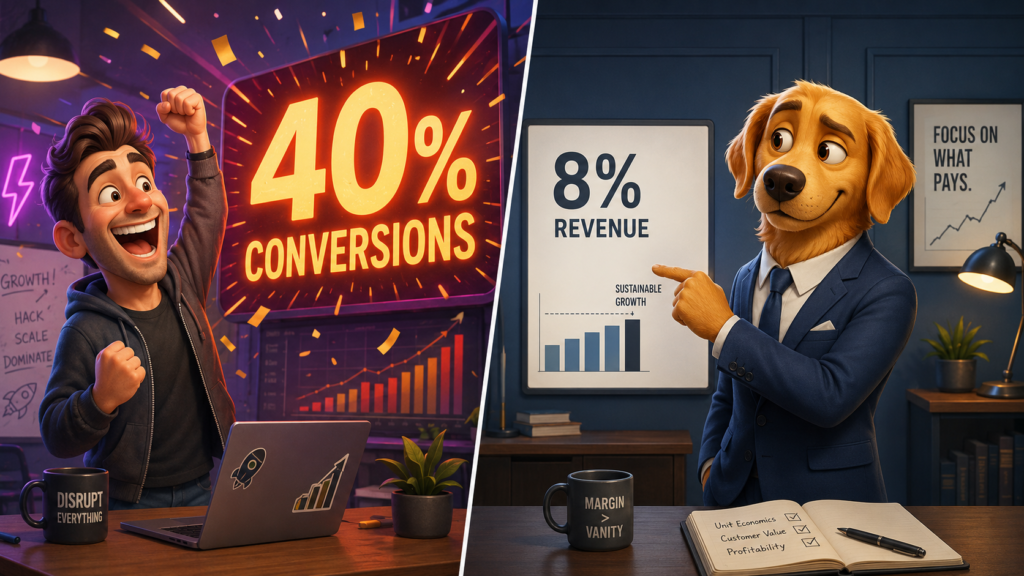 Work Dog reading UA data and pointing at a small 8% revenue figure next to a celebrated 40% conversions number, showing how founders read UA data without getting fooled