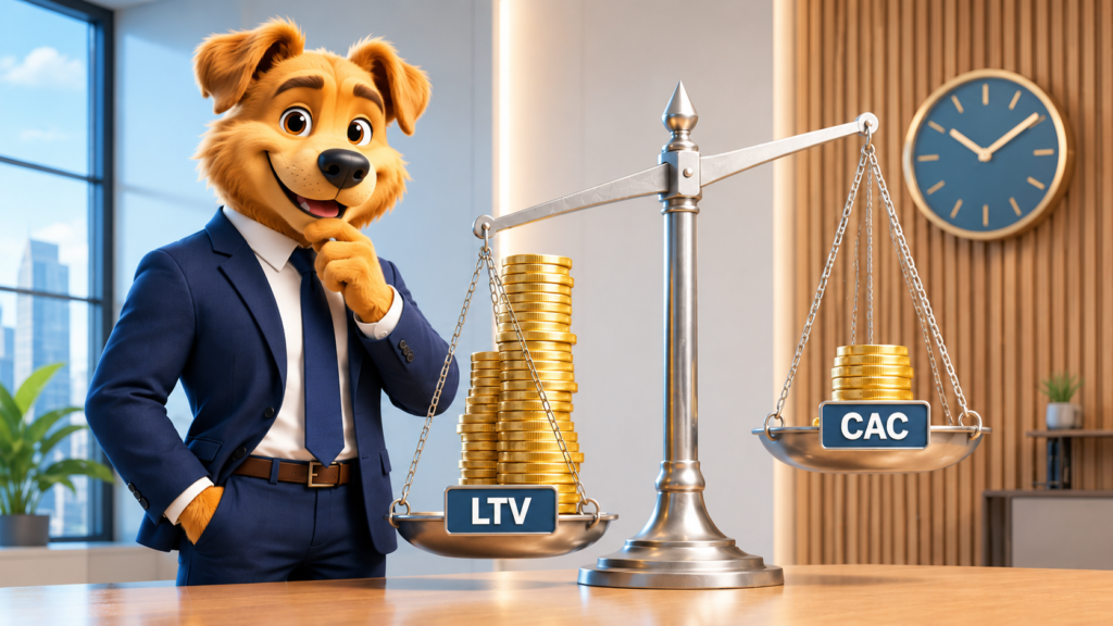 Work Dog character weighing lifetime value against customer acquisition cost on a balance scale, representing the LTV to CAC ratio for subscription apps in 2026