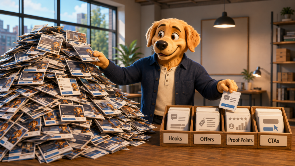 Work Dog character sorting a pile of fast AI-generated ad drafts into a smaller, organized creative system of hooks, offers, and proof points