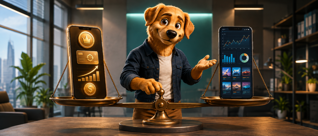 Work Dog character weighing an expensive iOS install against a data-rich Android install, showing why iOS too expensive is a myth in 2026