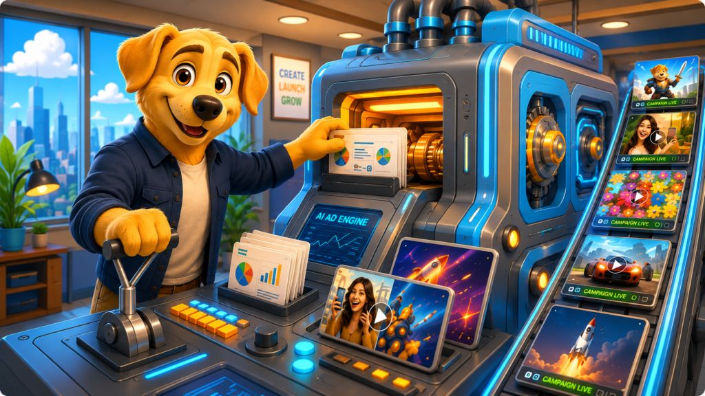 Work Dog character supervising an AI ad machine to show why you cannot just let the AI do its thing in 2026