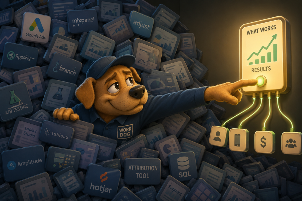 Work Dog character buried in unused marketing tech tools, showing why more marketing tech does not mean better results in 2026