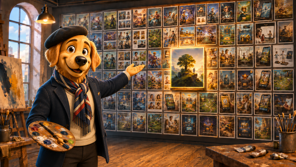 Work Dog character standing before a wall of instantly generated ad variations from Muse Image, pointing to the one strong concept among them