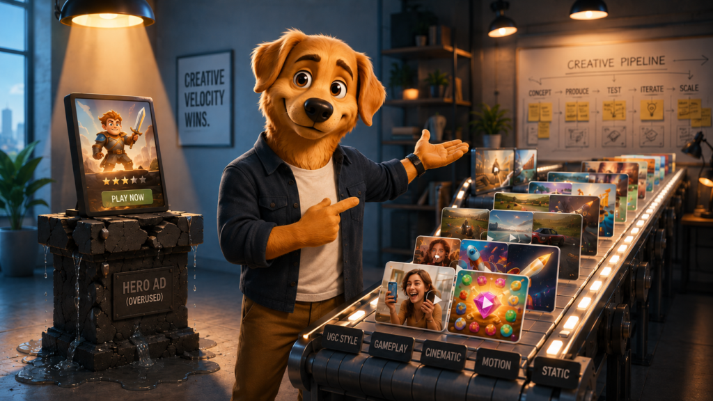 Work Dog character watching a single hero asset burn out while a queue of fresh creatives waits, showing why one hero asset cannot carry a campaign in 2026