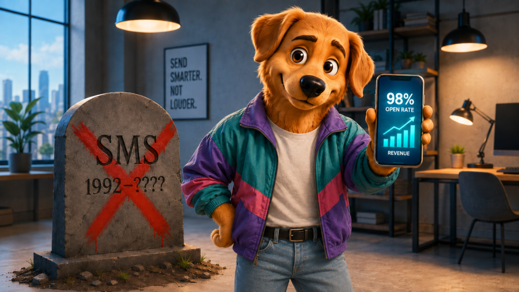 Work Dog character holding a phone showing a high-performing SMS marketing message with a 98% open rate, proving SMS marketing is not dead in 2026