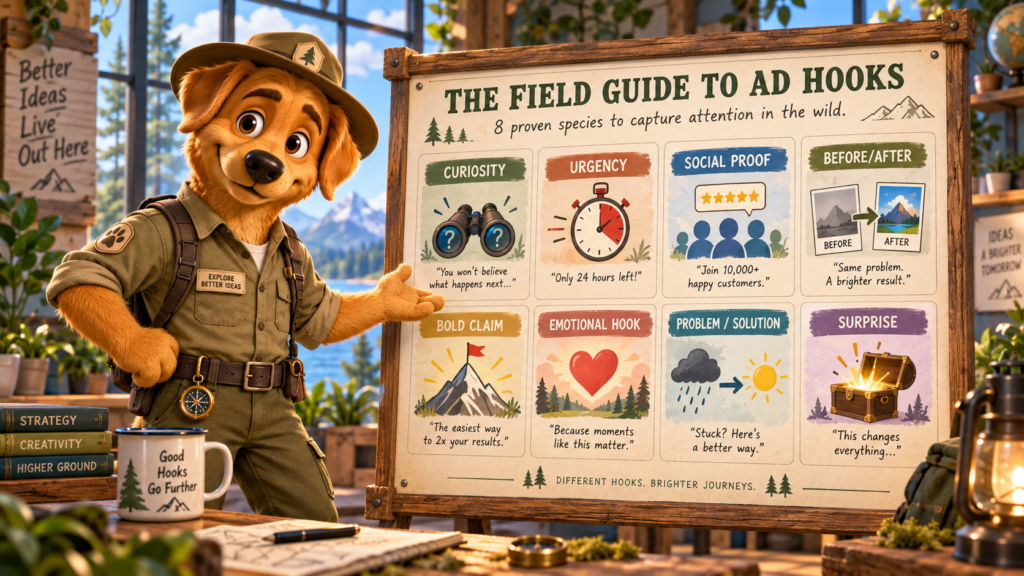 Work Dog character standing in front of a field guide chart illustrating eight different hook archetypes used in mobile gaming and casino ad creative