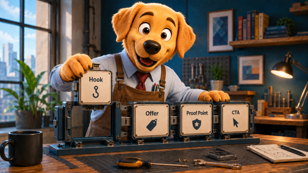 Work Dog character arranging four labeled creative blocks, hook, offer, proof point, and CTA, as part of modular ad testing on a workbench