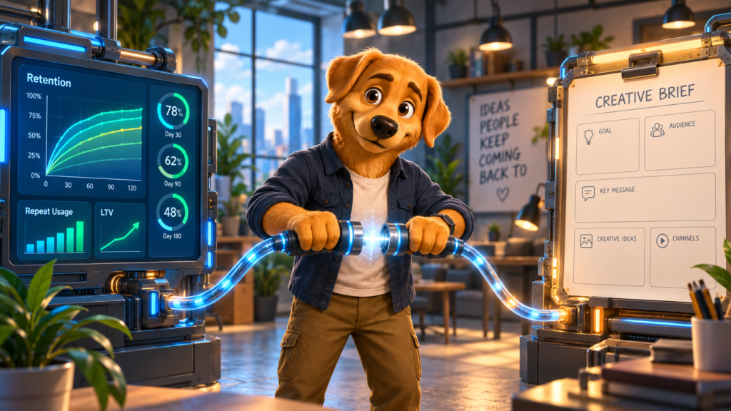 Work Dog character connecting a retention data dashboard back to a fresh creative brief, illustrating a closed retention feedback loop