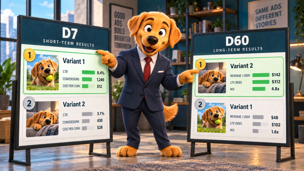 Work Dog character comparing two ad variants on a scoreboard, showing how the retention measurement window flips which creative looks like the winner between D7 and D60