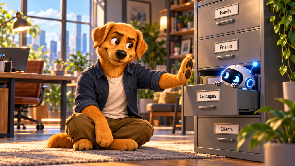 Work Dog character standing guard over a stack of personal files while a glowing AI assistant reaches for them, illustrating AI data privacy